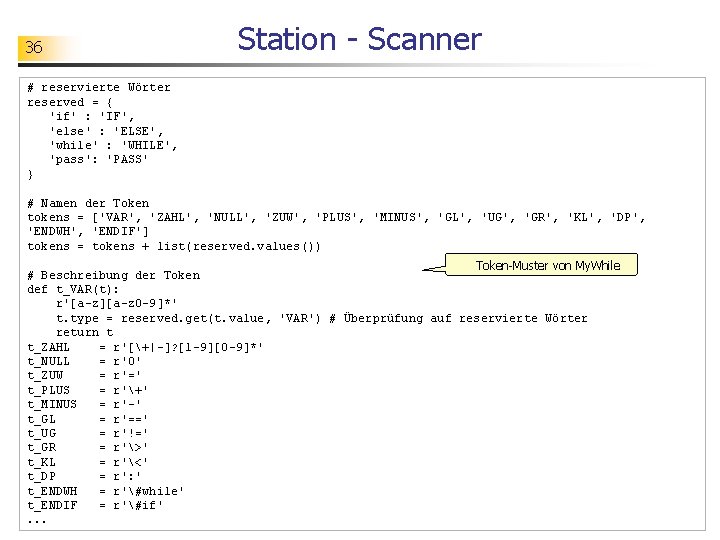 36 Station - Scanner # reservierte Wörter reserved = { 'if' : 'IF', 'else'