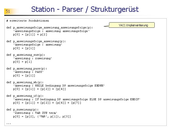 51 Station - Parser / Strukturgerüst # erweiterte Produktionen def p_anweisungsfolge_anweisungsfolge(p): 'anweisungsfolge : anweisungsfolge'