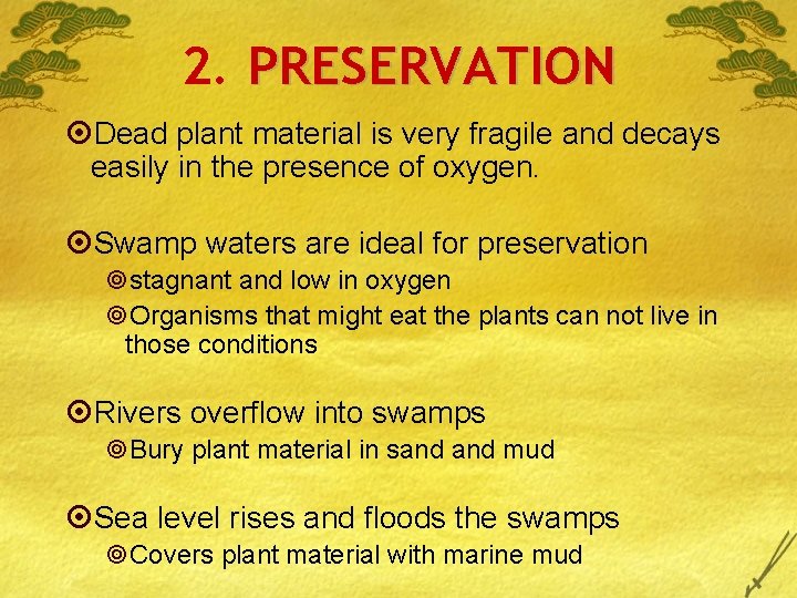 2. PRESERVATION ¤Dead plant material is very fragile and decays easily in the presence