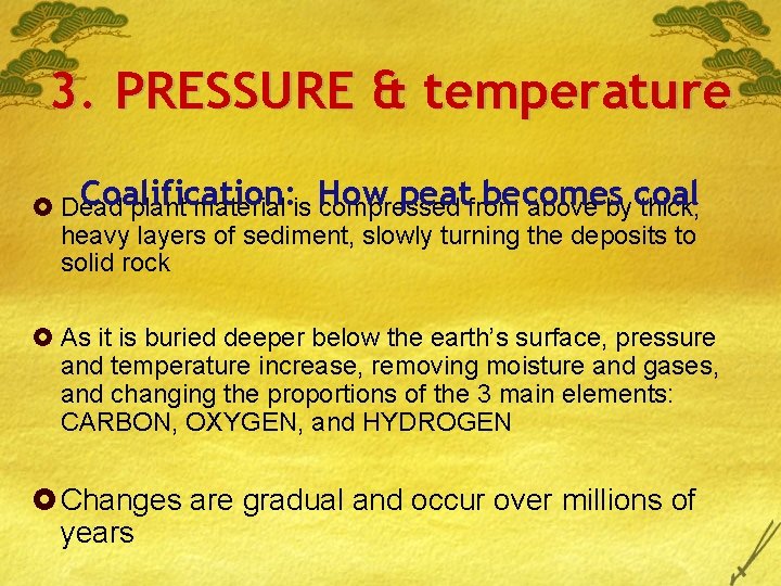 3. PRESSURE & temperature Coalification: peatfrom becomes £ Dead plant material is How compressed