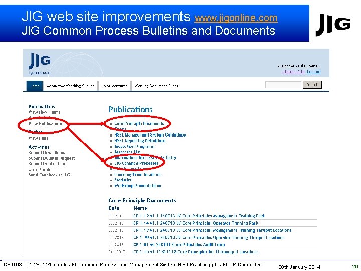 JIG web site improvements www. jigonline. com JIG Common Process Bulletins and Documents CP