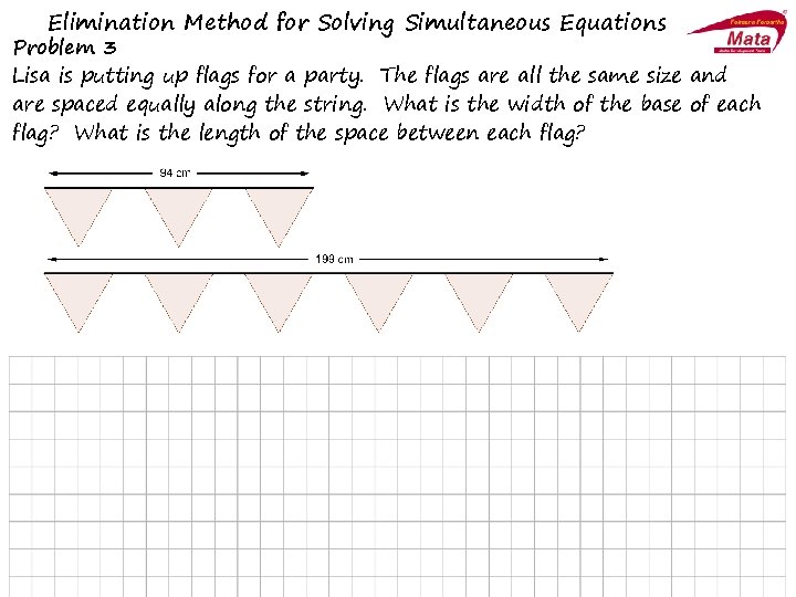 Elimination Method for Solving Simultaneous Equations Problem 3 Lisa is putting up flags for