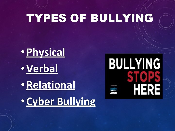TYPES OF BULLYING • Physical • Verbal • Relational • Cyber Bullying 