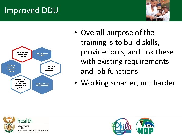 Improved DDU Improved data demand utilisation Evidence informed decision making Dialogue link between programme