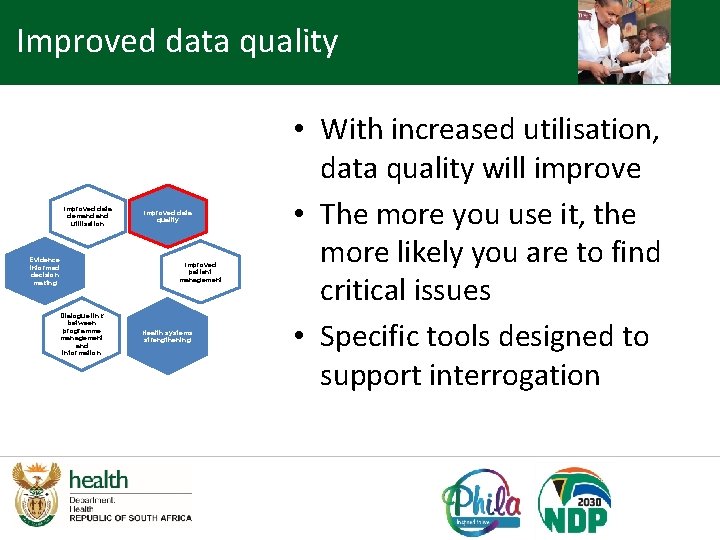 Improved data quality Improved data demand utilisation Evidence informed decision making Dialogue link between