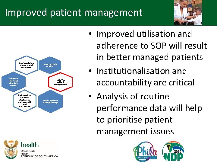 Improved patient management Improved data demand utilisation Evidence informed decision making Dialogue link between