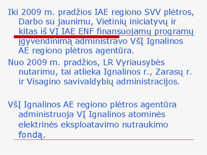 Iki 2009 m. pradžios IAE regiono SVV plėtros, Darbo su jaunimu, Vietinių iniciatyvų ir