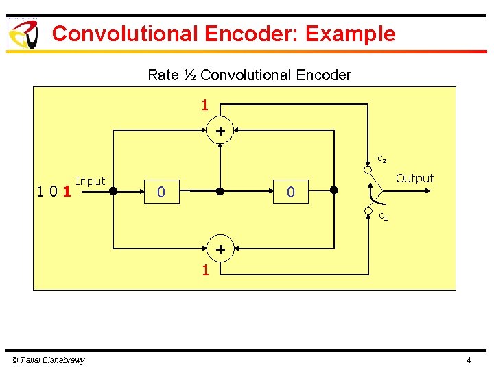 Convolutional Encoder: Example Rate ½ Convolutional Encoder 1 + c 2 101 Input 0