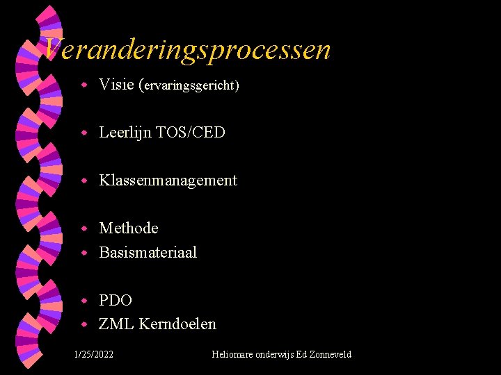 Veranderingsprocessen w Visie (ervaringsgericht) w Leerlijn TOS/CED w Klassenmanagement Methode w Basismateriaal w PDO