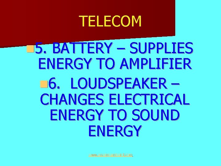 TELECOM n 5. BATTERY – SUPPLIES ENERGY TO AMPLIFIER n 6. LOUDSPEAKER – CHANGES