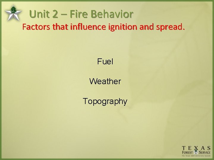 Unit 2 – Fire Behavior Factors that influence ignition and spread. Fuel Weather Topography