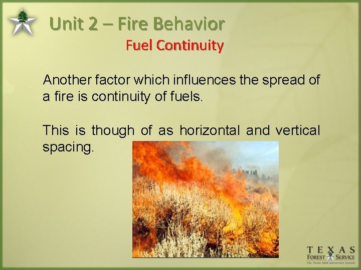 Unit 2 – Fire Behavior Fuel Continuity Another factor which influences the spread of