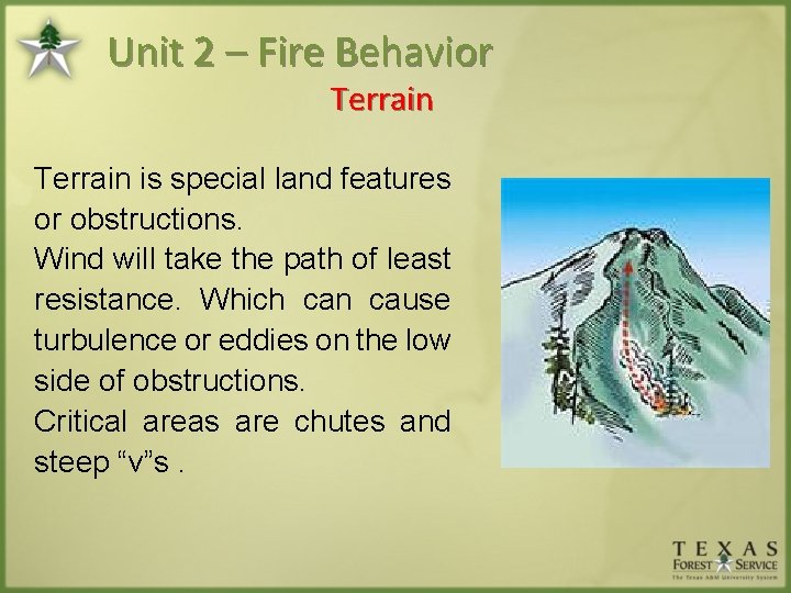 Unit 2 – Fire Behavior Terrain is special land features or obstructions. Wind will