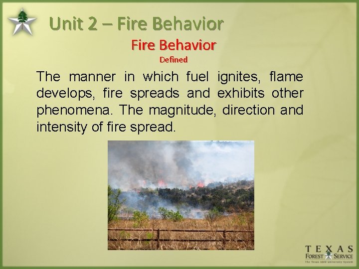 Unit 2 – Fire Behavior Defined The manner in which fuel ignites, flame develops,