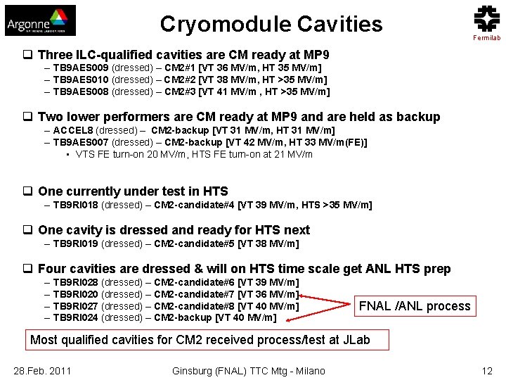 Cryomodule Cavities Fermilab q Three ILC-qualified cavities are CM ready at MP 9 –