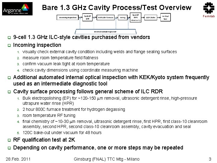 Bare 1. 3 GHz Cavity Process/Test Overview Fermilab q q 9 -cell 1. 3