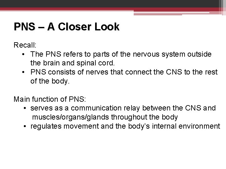 PNS – A Closer Look Recall: • The PNS refers to parts of the
