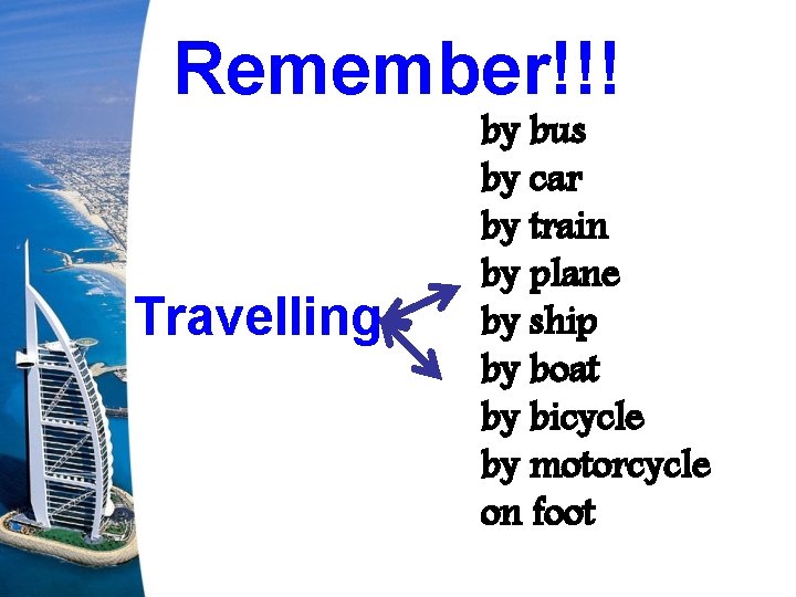 Remember!!! Travelling by bus by car by train by plane by ship by boat