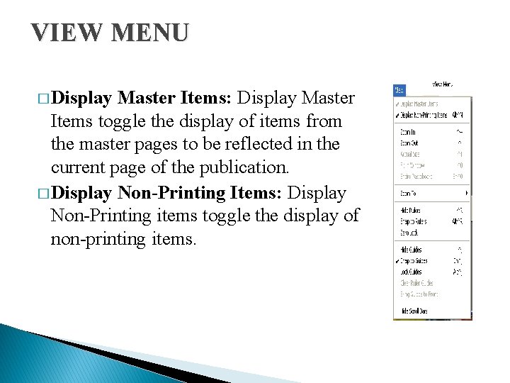 VIEW MENU � Display Master Items: Display Master Items toggle the display of items