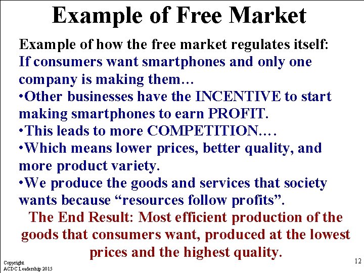 Example of Free Market Example of how the free market regulates itself: If consumers