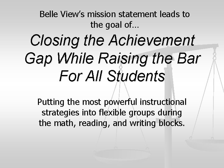 Belle View’s mission statement leads to the goal of… Closing the Achievement Gap While