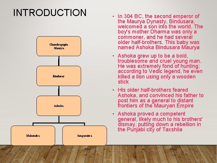 INTRODUCTION Chandragupta Maurya Bindusar Ashoka Mahendra Sangamitra • In 304 BC, the second emperor