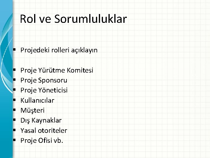 Rol ve Sorumluluklar § Projedeki rolleri açıklayın § § § § Proje Yürütme Komitesi