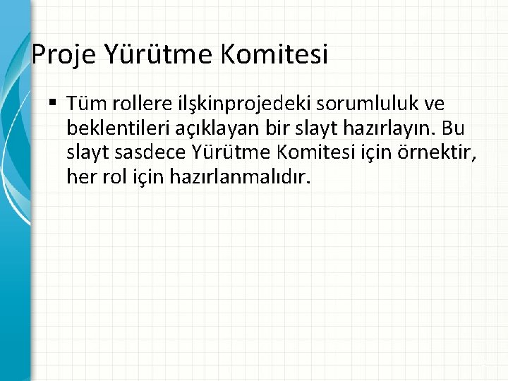 Proje Yürütme Komitesi § Tüm rollere ilşkinprojedeki sorumluluk ve beklentileri açıklayan bir slayt hazırlayın.