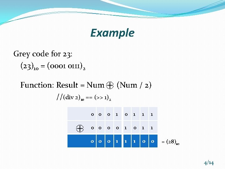 Example Grey code for 23: (23)10 = (0001 0111)2 Function: Result = Num (Num