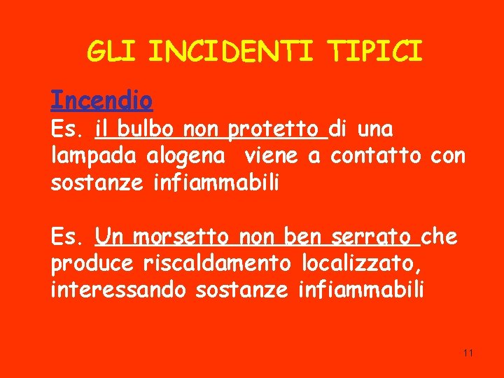 GLI INCIDENTI TIPICI Incendio Es. il bulbo non protetto di una lampada alogena viene