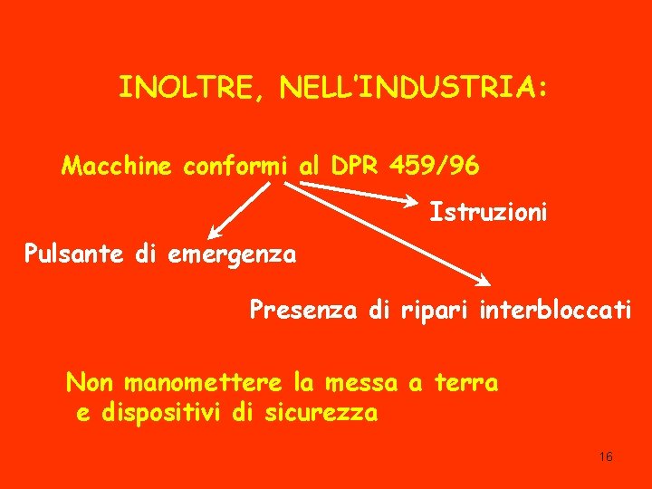 INOLTRE, NELL’INDUSTRIA: Macchine conformi al DPR 459/96 Istruzioni Pulsante di emergenza Presenza di ripari