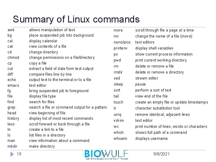 Summary of Linux commands awk bg cal cat cd chmod cp cut diff echo