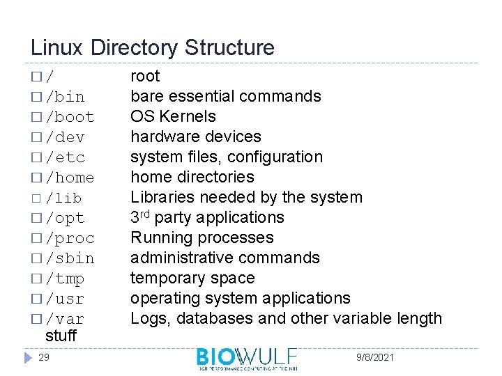 Linux Directory Structure �/ � /bin � /boot � /dev � /etc � /home