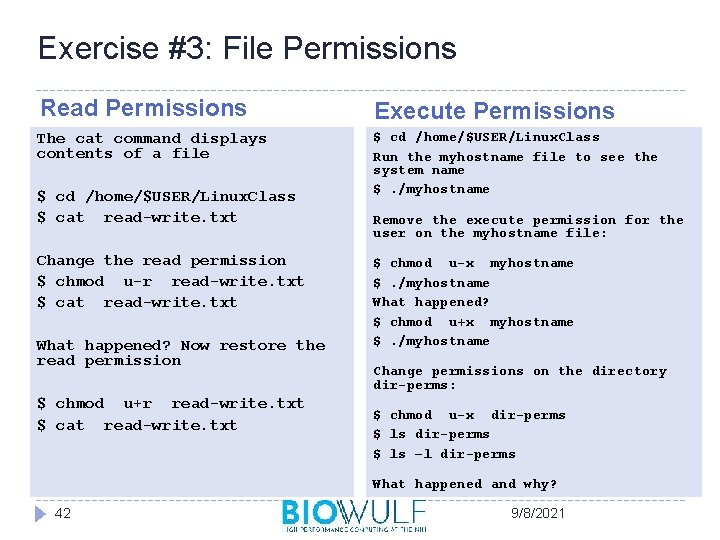 Exercise #3: File Permissions Read Permissions Execute Permissions The cat command displays contents of