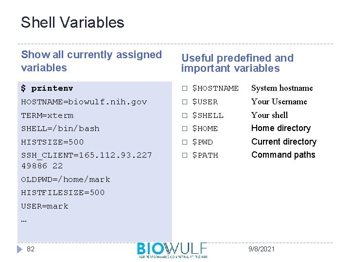 Shell Variables Show all currently assigned variables Useful predefined and important variables $ printenv