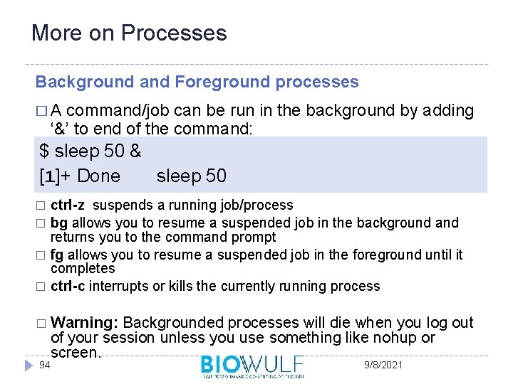 More on Processes Background and Foreground processes �A command/job can be run in the