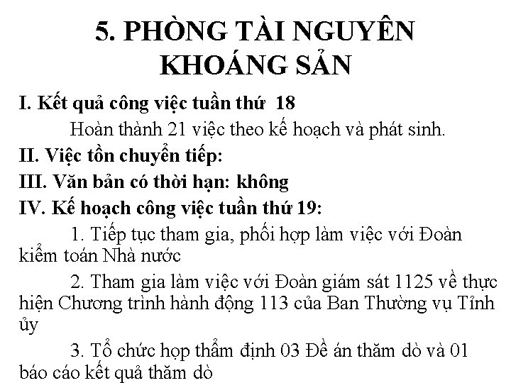 5. PHÒNG TÀI NGUYÊN KHOÁNG SẢN I. Kết quả công việc tuần thứ 18