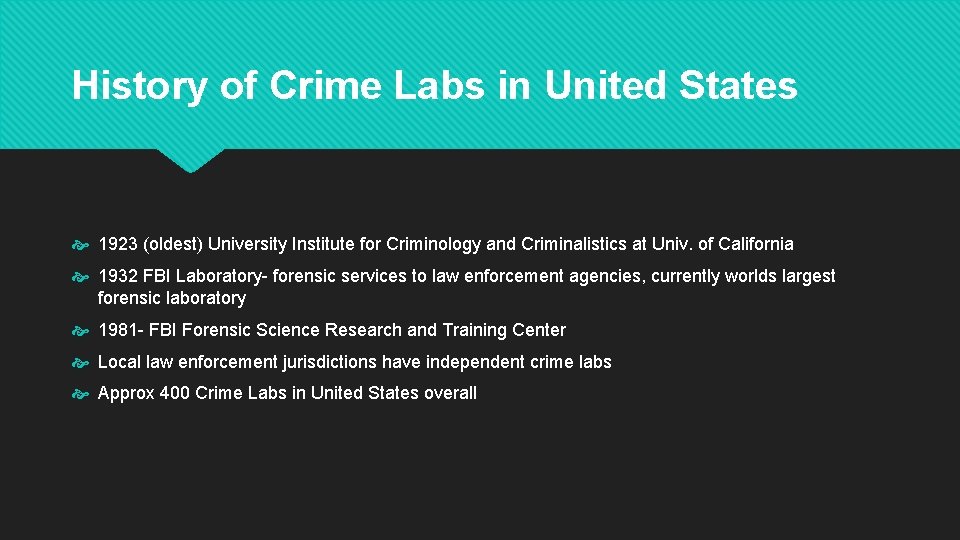 History of Crime Labs in United States 1923 (oldest) University Institute for Criminology and
