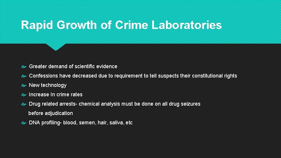 Rapid Growth of Crime Laboratories Greater demand of scientific evidence Confessions have decreased due