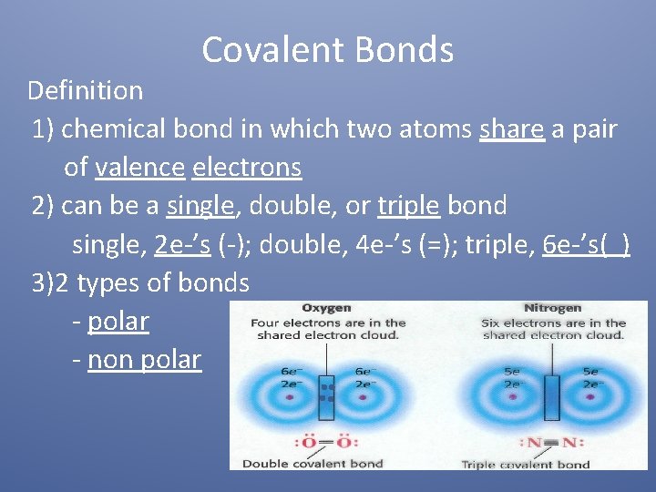 Covalent Bonds Definition 1) chemical bond in which two atoms share a pair of