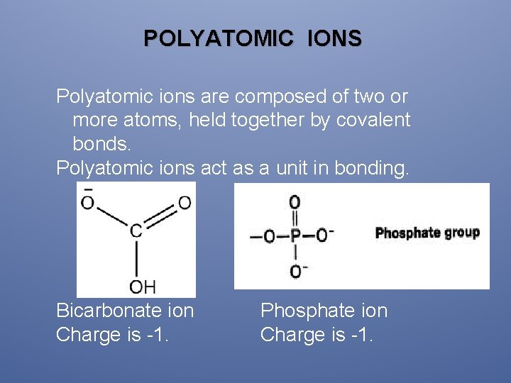 POLYATOMIC IONS Polyatomic ions are composed of two or more atoms, held together by
