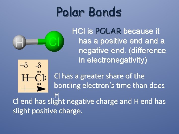 Polar Bonds HCl is POLAR because it has a positive end a negative end.