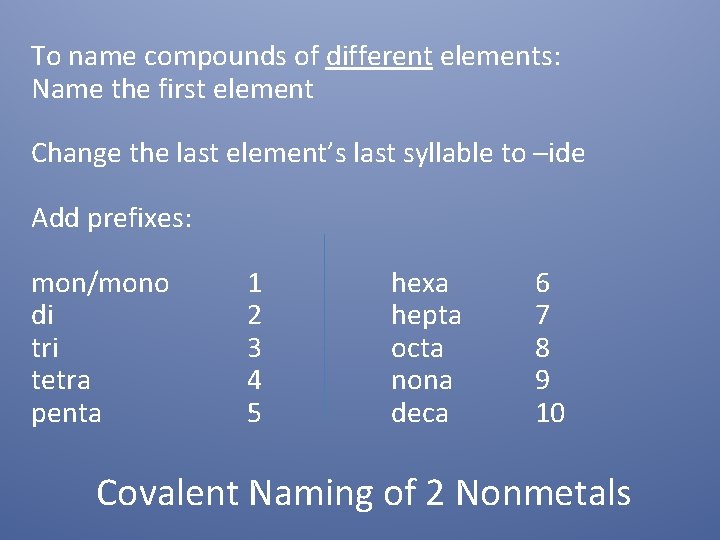 To name compounds of different elements: Name the first element Change the last element’s