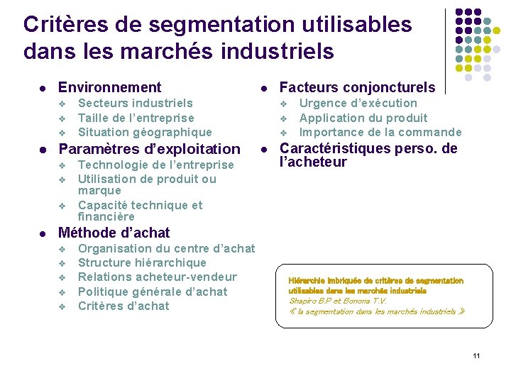 Critères de segmentation utilisables dans les marchés industriels l Environnement v v v l