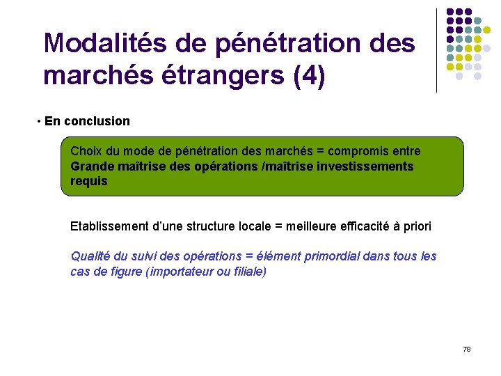 Modalités de pénétration des marchés étrangers (4) • En conclusion Choix du mode de