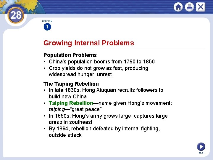 SECTION 1 Growing Internal Problems Population Problems • China’s population booms from 1790 to