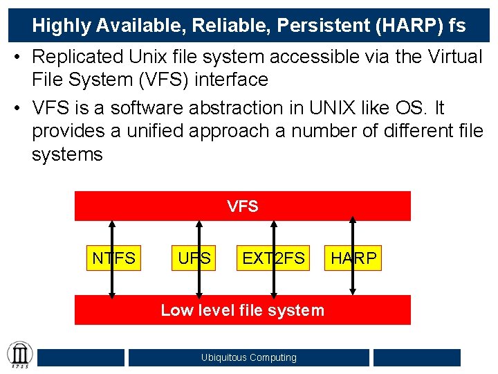 Highly Available, Reliable, Persistent (HARP) fs • Replicated Unix file system accessible via the