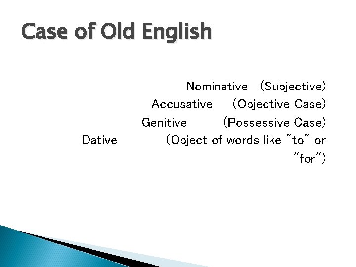 Case of Old English Dative Nominative (Subjective) Accusative (Objective Case) Genitive (Possessive Case) (Object