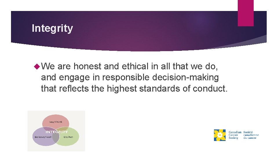 Integrity We are honest and ethical in all that we do, and engage in