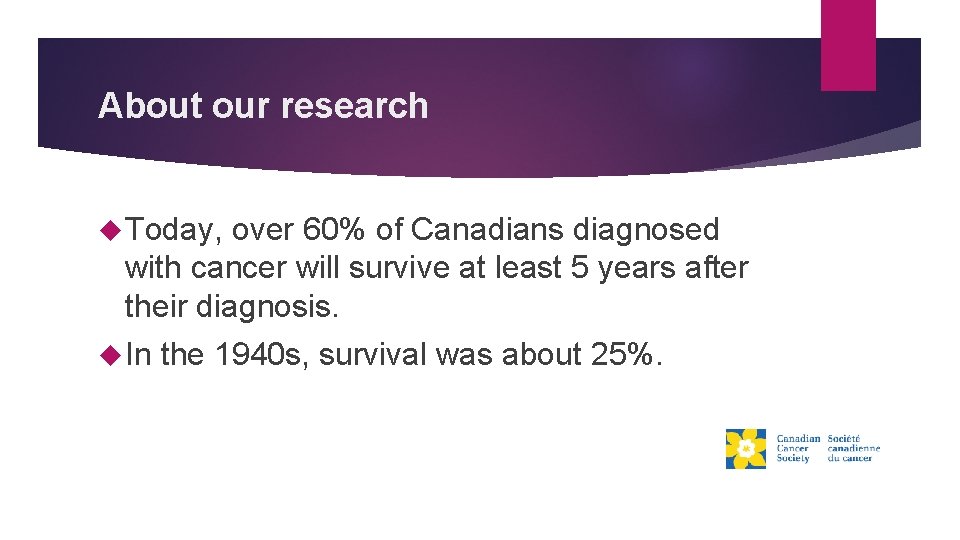 About our research Today, over 60% of Canadians diagnosed with cancer will survive at